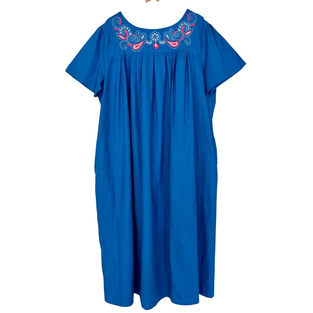 Vintage Cobalt Blue Embroidered Cotton Kaftan- Size XL, Resort Wear, Vacation